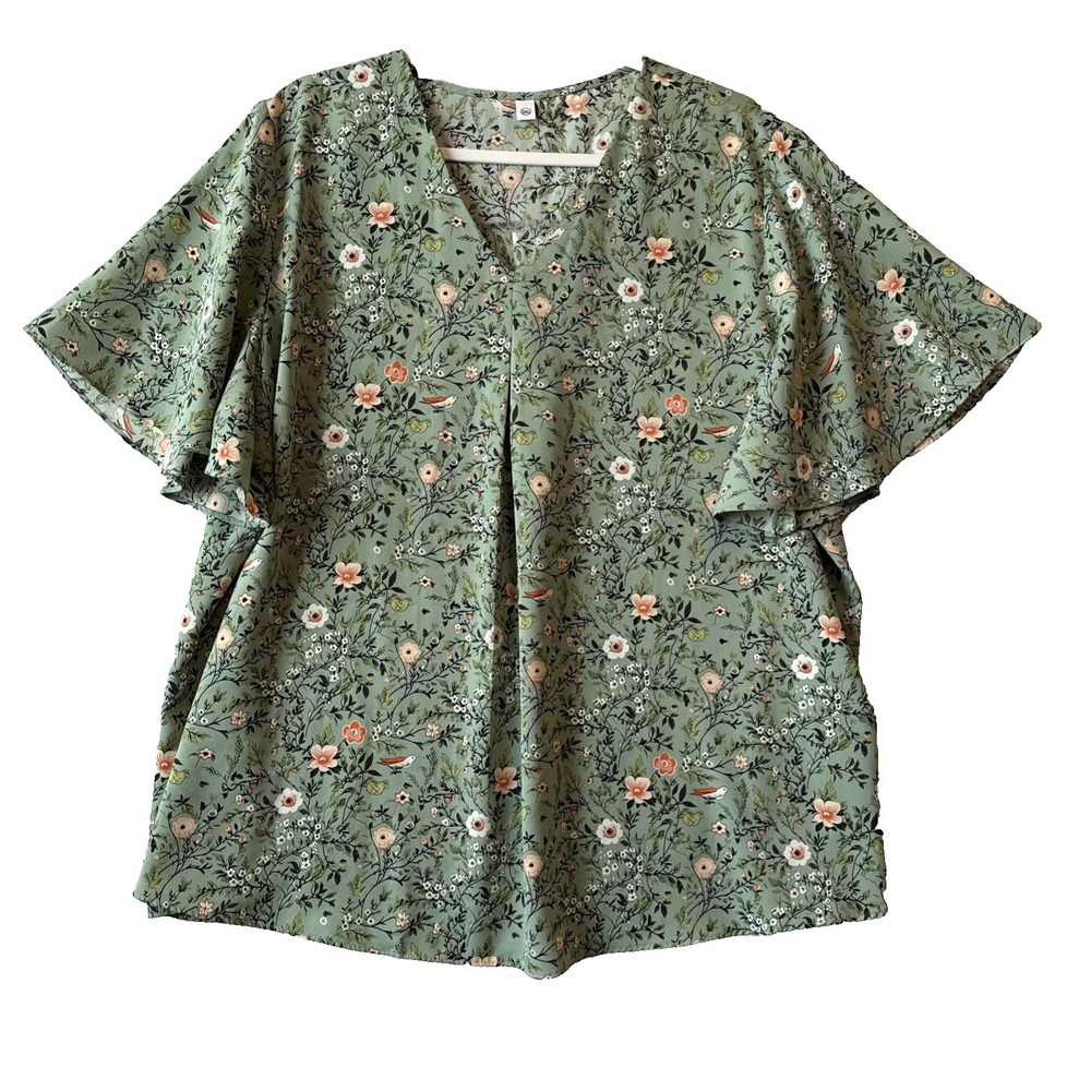 Cottagecore‎ Ditsy Sage Green Floral Bird Flutter Sleeve Pleated Top 3XL Boho